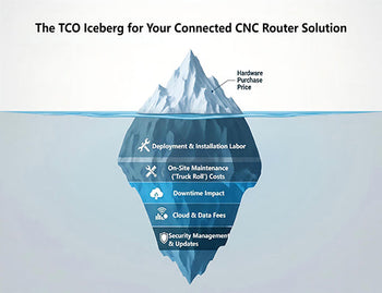 An iceberg infographic illustrating the Total Cost of Ownership (TCO) for a connected CNC router solution, emphasizing the large hidden operational costs.
