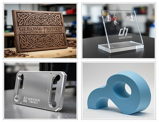 A collage showing examples of items made from wood, acrylic, aluminum, and foam cut using a CNC router.