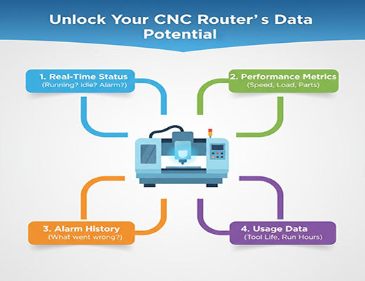 An infographic outlining the four main categories of data you can get from a connected CNC router: Status, Performance, Alarms, and Usage.