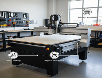 An illustration highlighting the key areas for basic CNC router maintenance: cleaning, lubrication, and inspection.