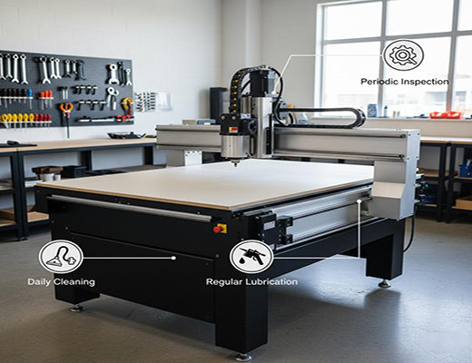 An illustration highlighting the key areas for basic CNC router maintenance: cleaning, lubrication, and inspection.