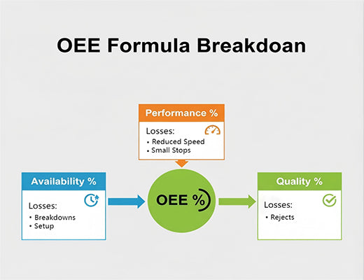 An infographic breaking down the OEE formula (Availability x Performance x Quality) and the key factors affecting each component for a CNC router.
