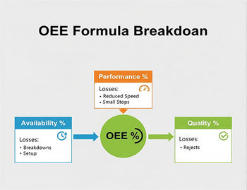 An infographic breaking down the OEE formula (Availability x Performance x Quality) and the key factors affecting each component for a CNC router.