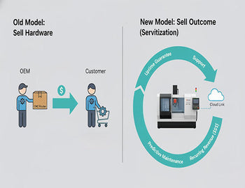 An infographic comparing the traditional hardware sales model for CNC router OEMs to the recurring revenue servitization model enabled by edge control.