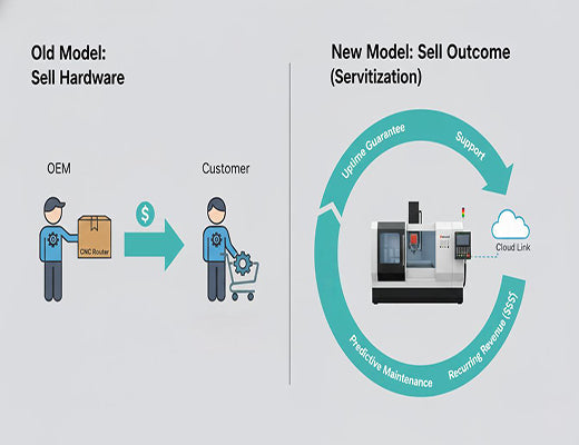An infographic comparing the traditional hardware sales model for CNC router OEMs to the recurring revenue servitization model enabled by edge control.