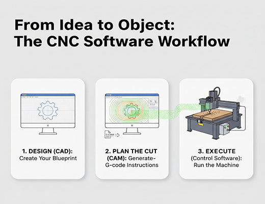A diagram illustrating the 3-step software workflow for a CNC router: Design in CAD, plan toolpaths in CAM to generate G-code, and execute with Control software.