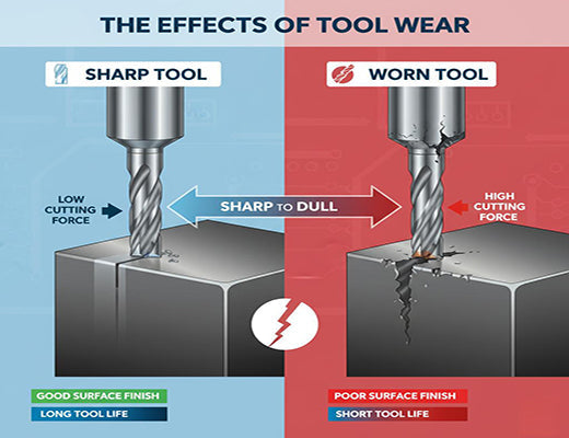 An infographic illustrating the visual differences and impacts of a sharp versus a worn tool on a CNC router, highlighting surface finish and cutting force.