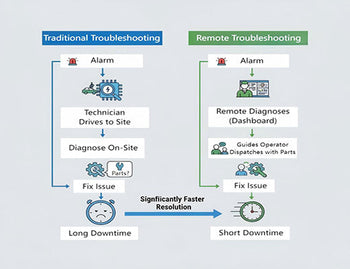 An infographic comparing the slow, costly traditional troubleshooting process for a CNC router to the faster, more efficient remote troubleshooting workflow.