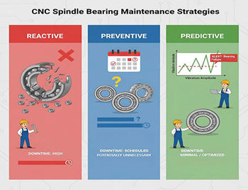 An infographic comparing reactive, preventive, and predictive maintenance strategies for a CNC router spindle, highlighting the benefits of predictive.