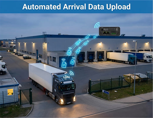 An illustration of a refrigerated truck arriving at a depot and automatically uploading temperature data to a LoRaWAN gateway.
