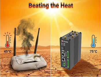 A visual comparison showing a plastic commercial router failing in heat versus a rugged metal edge device operating reliably in extreme temperatures.