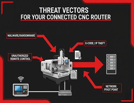 An infographic illustrating the various cybersecurity threats targeting a connected CNC router, including malware, unauthorized access, data theft, and network pivoting.