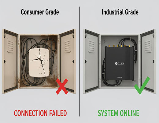 A consumer router failing in a hot industrial environment next to a durable industrial 5G router that is working perfectly.