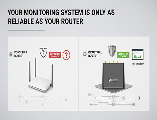 An infographic comparing the unreliability of a consumer router for IoT monitoring to the reliability and visibility of a professional industrial router.