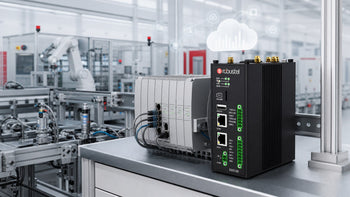 Robustel EG5120 beside production equipment and a PLC control system