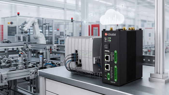 Robustel EG5120 beside production equipment and a PLC control system