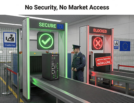 A conceptual illustration showing compliant edge devices passing EU customs while insecure devices are blocked by the Cyber Resilience Act regulations.