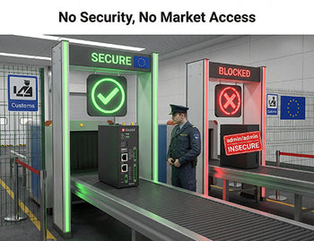 A conceptual illustration showing compliant edge devices passing EU customs while insecure devices are blocked by the Cyber Resilience Act regulations.