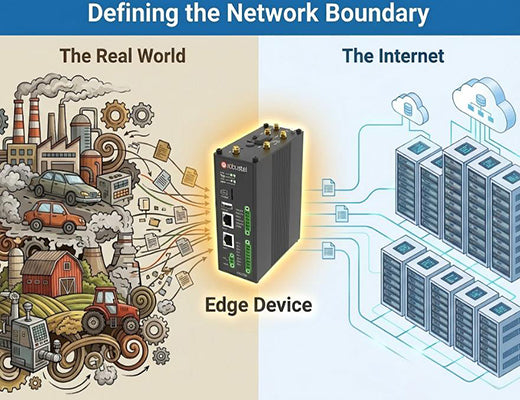 A conceptual illustration showing an edge device sitting at the boundary between the physical world and the digital cloud network.