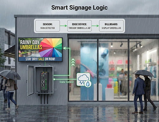 A visual scenario showing a digital signage player managed by an edge device changing content automatically based on local weather conditions.