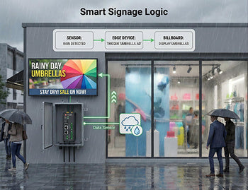 A visual scenario showing a digital signage player managed by an edge device changing content automatically based on local weather conditions.