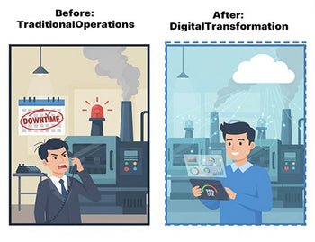 An infographic comparing traditional operations with the benefits of digital transformation, showing a shift from costly downtime to efficient, data-driven manufacturing.
