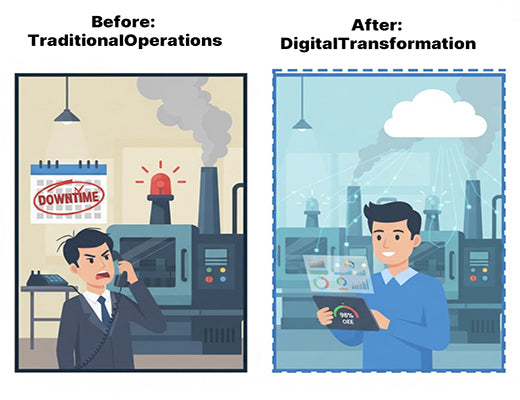 An infographic comparing traditional operations with the benefits of digital transformation, showing a shift from costly downtime to efficient, data-driven manufacturing.