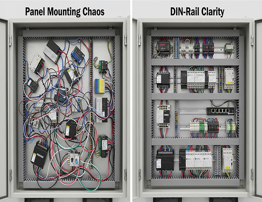 A comparison showing a messy, panel-mounted control cabinet versus a clean, organized cabinet using DIN-rail mounting for all hardware.