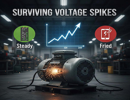 A diagram illustrating how an industrial gateway protects against voltage spikes in a factory environment, unlike a consumer device.