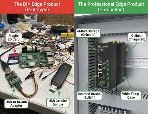 A diagram showing how an industrial raspberry pi alternative (a professional edge product) combines the open OS of a Pi with the rugged hardware of an industrial device.