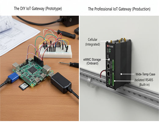 A comparison showing a messy DIY raspberry pi iot gateway versus a clean, integrated professional industrial IoT gateway with eMMC and RS485.