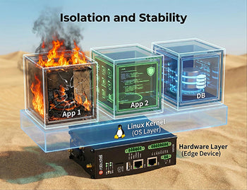 An architecture diagram showing how Docker containers run in isolated sandboxes on top of the edge device's operating system.