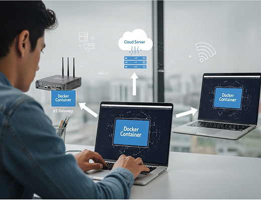 An infographic showing the portability of Docker on an IoT gateway, where a container built once can run anywhere.
