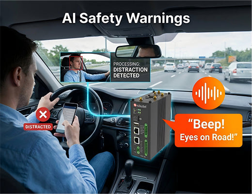 An illustration of an AI-powered edge device detecting driver distraction and triggering an immediate audio alert to prevent accidents.