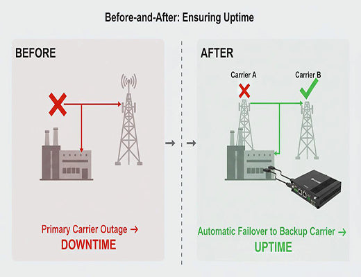 A diagram showing how dual SIM failover prevents downtime during a primary carrier outage by automatically switching to a backup network.