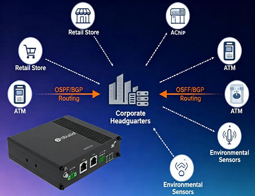 A network topology showing how a dynamic routing protocol simplifies the management of hundreds of remote LTE routers in a large-scale deployment.