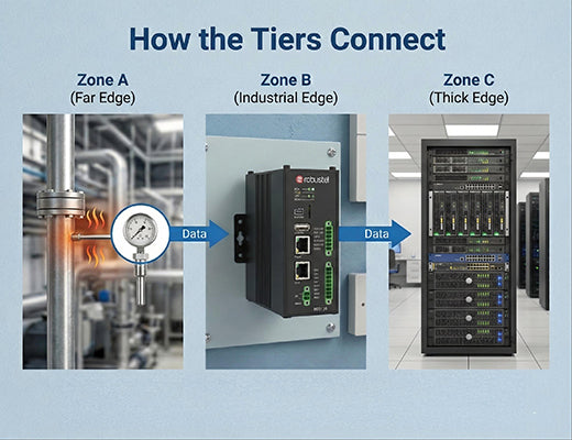 A workflow map showing how data flows from simple sensors to industrial gateways and finally to local edge servers.