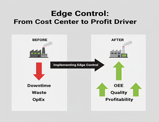 An infographic showing how implementing edge control transforms a factory by reducing costs like downtime and waste, and increasing profit drivers like OEE and quality.
