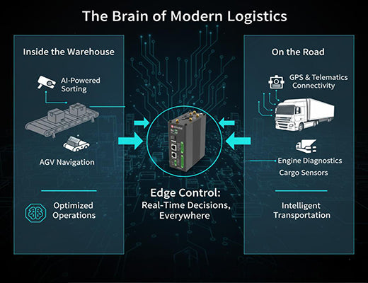 An infographic showing how edge control is the core technology for automating both warehouse operations and fleet management in modern logistics.