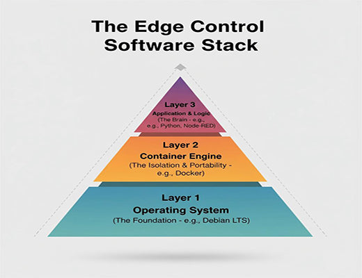 A layered diagram showing the software stack for edge control, from the operating system foundation to the container engine and the final application logic.
