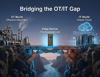 A conceptual illustration showing an edge device as a bridge connecting the physical world of operational technology to the digital world of information technology.