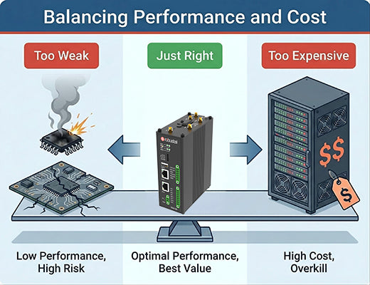 A conceptual illustration showing the balance between underpowered hardware and overpriced servers, highlighting the ideal industrial edge device.