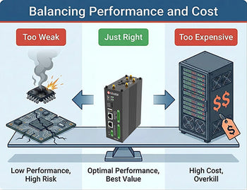 A conceptual illustration showing the balance between underpowered hardware and overpriced servers, highlighting the ideal industrial edge device.