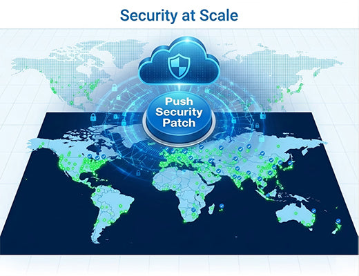 A visualization of a centralized dashboard pushing over-the-air (OTA) security updates to a global fleet of edge devices simultaneously.