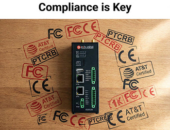 A visual representation of an edge device surrounded by critical regulatory and carrier certification logos like FCC, CE, and PTCRB.