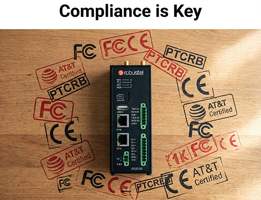 A visual representation of an edge device surrounded by critical regulatory and carrier certification logos like FCC, CE, and PTCRB.