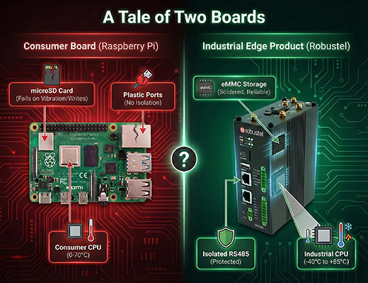 A comparison of a consumer edge product board (SD card, consumer CPU) vs. an industrial edge product board (eMMC, wide-temp CPU, isolated ports).