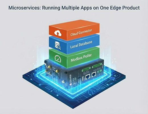 An infographic showing a microservices architecture on a single edge product, running separate containers for polling, storage, and cloud connection.