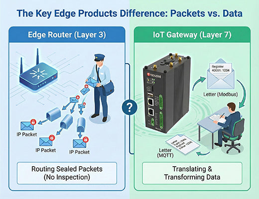 A diagram comparing edge products: an edge router, which handles Layer 3 IP packets, to an IoT Gateway, which translates Layer 7 application data like Modbus.