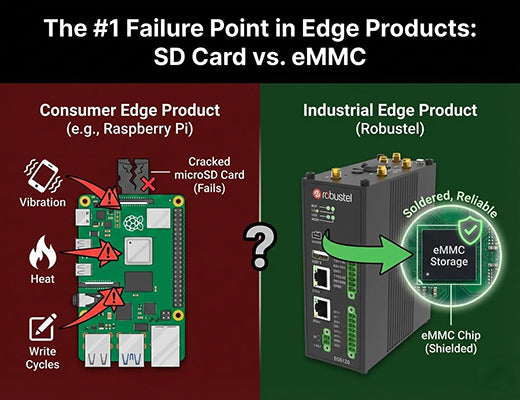 A diagram showing the #1 failure point of edge products: a consumer SD card (used by Pi) failing from vibration/heat/writes vs. a reliable, soldered eMMC on an industrial edge product.